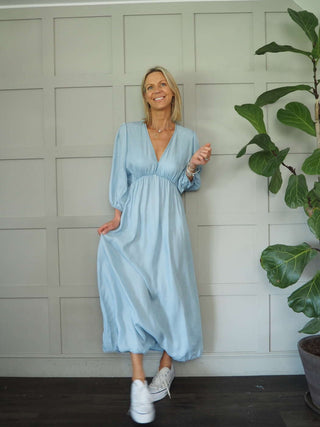 Juniper Back Tie Maxi Dress with V-Front and Back - Light and Dark Denim Blue