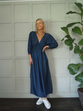 Juniper Back Tie Maxi Dress with V-Front and Back - Light and Dark Denim Blue