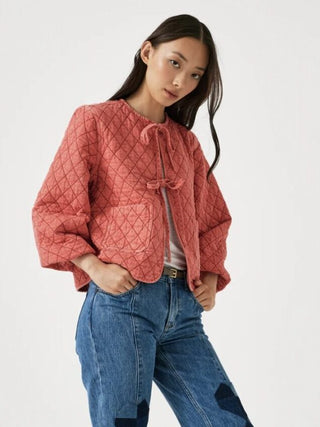 Aria Long Sleeve Jacket with Front Ties by Seventy Mochi - Mineral Red, Silver Lining