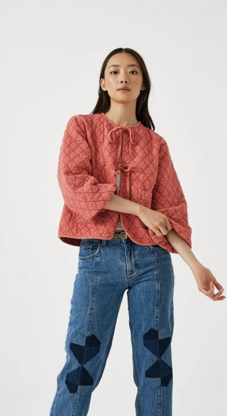 Aria Long Sleeve Jacket with Front Ties by Seventy Mochi - Mineral Red, Silver Lining