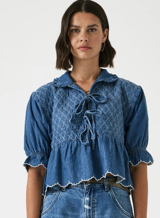 Heidi Short Sleeve Blouse with Tie Front &amp; Frill Detail by Seventy Mochi - Mid Vintage Blue, Pink Dawn