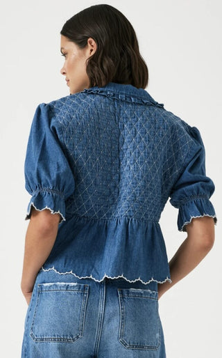 Heidi Short Sleeve Blouse with Tie Front &amp; Frill Detail by Seventy Mochi - Mid Vintage Blue, Pink Dawn