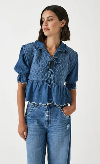 Heidi Short Sleeve Blouse with Tie Front &amp; Frill Detail by Seventy Mochi - Mid Vintage Blue, Pink Dawn