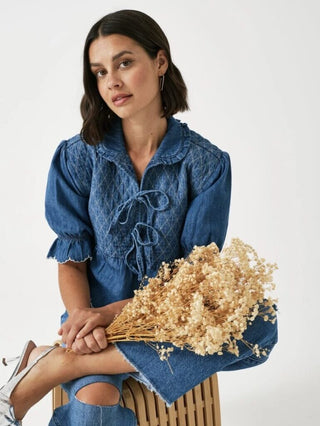 Heidi Short Sleeve Blouse with Tie Front &amp; Frill Detail by Seventy Mochi - Mid Vintage Blue, Pink Dawn