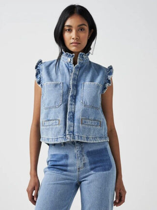 Pablo Organic Cotton Mix Waistcoat with Frill Collar &amp; Signature Stitch Pockets, by Seventy Mochi, Best Seller - Black, Ecru, Rodeo Vintage, Vintage Americana