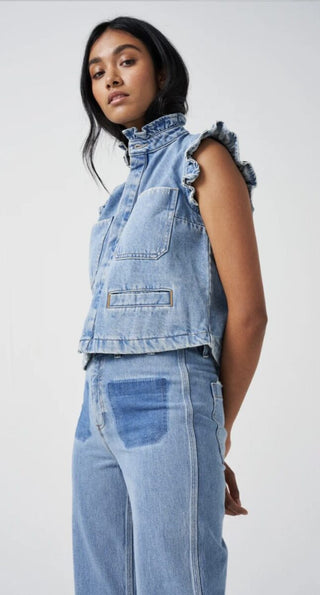 Pablo Organic Cotton Mix Waistcoat with Frill Collar &amp; Signature Stitch Pockets, by Seventy Mochi, Best Seller - Black, Ecru, Rodeo Vintage, Vintage Americana