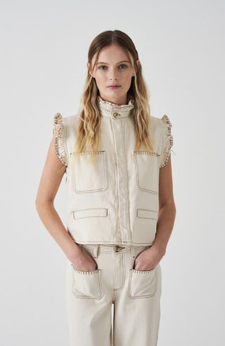 Pablo Organic Cotton Mix Waistcoat with Frill Collar &amp; Signature Stitch Pockets, by Seventy Mochi, Best Seller - Black, Ecru, Rodeo Vintage, Vintage Americana