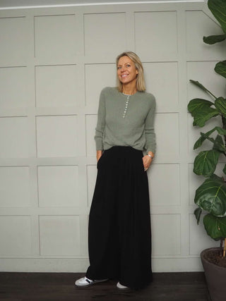 Rosie Wide Leg, Lightweight Trousers with Pleated Front &amp; Side Pockets - Black, Blue/Grey, Off White and Stone