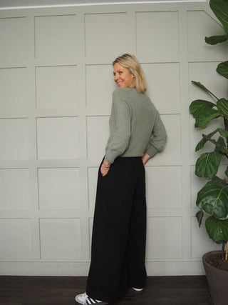 Rosie Wide Leg, Lightweight Trousers with Pleated Front &amp; Side Pockets - Black, Blue/Grey, Off White and Stone