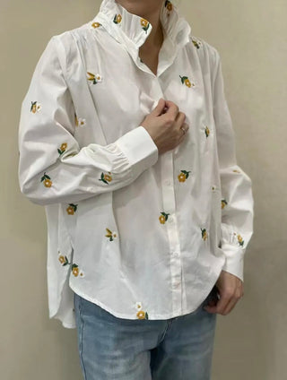 Martha Blouse with Embroidered Flowers and High Ruffle Collar - Green/Yellow/Off White