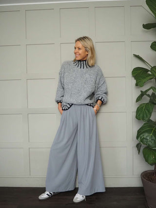 Rosie Wide Leg, Lightweight Trousers with Pleated Front &amp; Side Pockets - Black, Blue/Grey, Off White and Stone