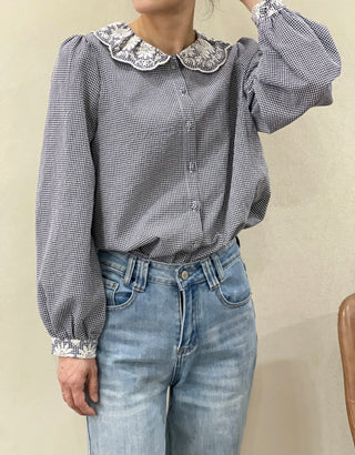 Fern Gingham Blouse with Broderie Anglaise Collar - Green, Navy