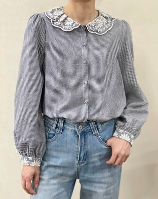 Fern Gingham Blouse with Broderie Anglaise Collar - Green, Navy