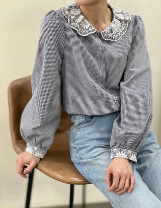 Fern Gingham Blouse with Broderie Anglaise Collar - Green, Navy