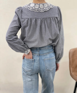 Fern Gingham Blouse with Broderie Anglaise Collar - Green, Navy