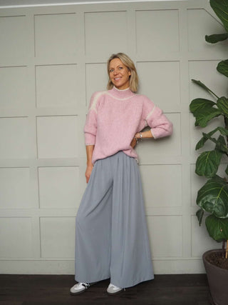 Rosie Wide Leg, Lightweight Trousers with Pleated Front &amp; Side Pockets - Black, Blue/Grey, Off White and Stone