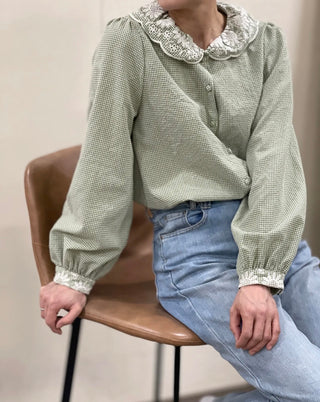 Fern Gingham Blouse with Broderie Anglaise Collar - Green, Navy