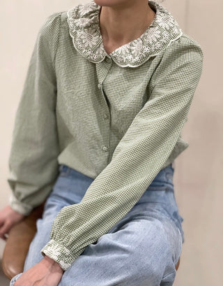 Fern Gingham Blouse with Broderie Anglaise Collar - Green, Navy