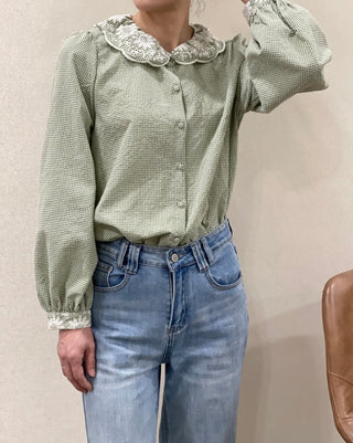 Fern Gingham Blouse with Broderie Anglaise Collar - Green, Navy