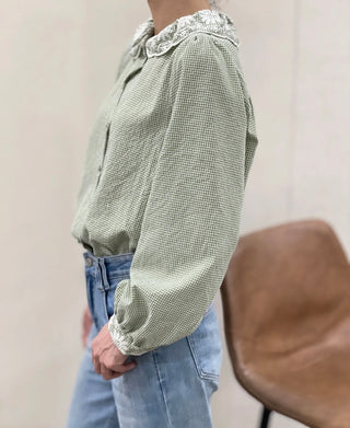 Fern Gingham Blouse with Broderie Anglaise Collar - Green, Navy