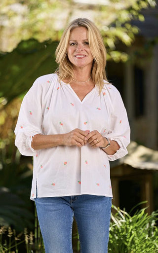 Florence Blouse with Neon Floral Embroidery by Luella - White