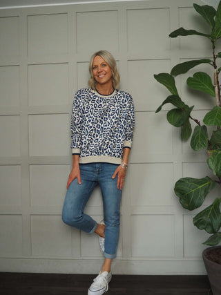 Pettra Leopard Print Lightweight Sweatshirt - Bright Green, Bright Pink, Khaki, Navy Blue