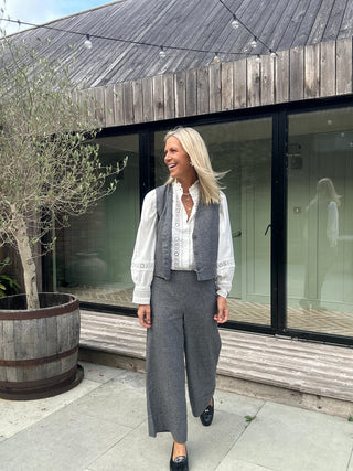 Chica Cropped Trousers Herringbone by Humility - Light Grey