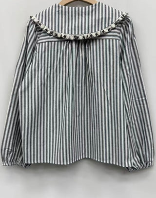 Ealing Striped Blouse with Peter Pan Collar - Navy/Ecru, Red/Ecru
