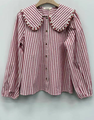 Ealing Striped Blouse with Peter Pan Collar - Navy/Ecru, Red/Ecru