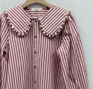 Ealing Striped Blouse with Peter Pan Collar - Navy/Ecru, Red/Ecru