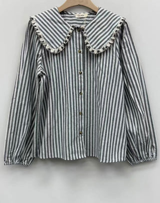 Ealing Striped Blouse with Peter Pan Collar - Navy/Ecru, Red/Ecru