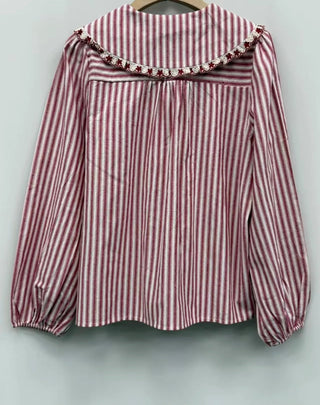 Ealing Striped Blouse with Peter Pan Collar - Navy/Ecru, Red/Ecru