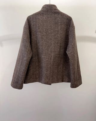 Barnes Herringbone Jacket with Funnel Neckline - Chocolate