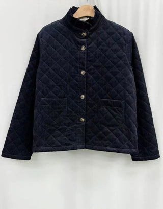 Chelsea Corduroy Jacket with Ruffle Collar and Tartan Lining - Burgundy, Chocolate, Navy Blue