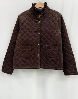 Chelsea Corduroy Jacket with Ruffle Collar and Tartan Lining - Burgundy, Chocolate, Navy Blue