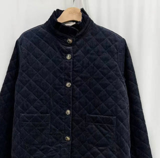 Chelsea Corduroy Jacket with Ruffle Collar and Tartan Lining - Burgundy, Chocolate, Navy Blue