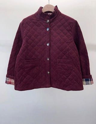 Chelsea Corduroy Jacket with Ruffle Collar and Tartan Lining - Burgundy, Chocolate, Navy Blue