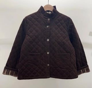 Chelsea Corduroy Jacket with Ruffle Collar and Tartan Lining - Burgundy, Chocolate, Navy Blue