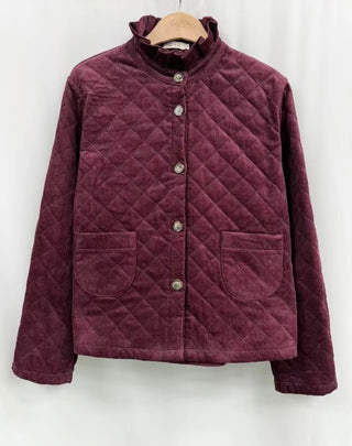 Chelsea Corduroy Jacket with Ruffle Collar and Tartan Lining - Burgundy, Chocolate, Navy Blue