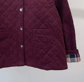 Chelsea Corduroy Jacket with Ruffle Collar and Tartan Lining - Burgundy, Chocolate, Navy Blue