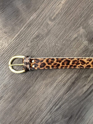Cow Hide Belt with Gold Buckle - Camel Leopard Print
